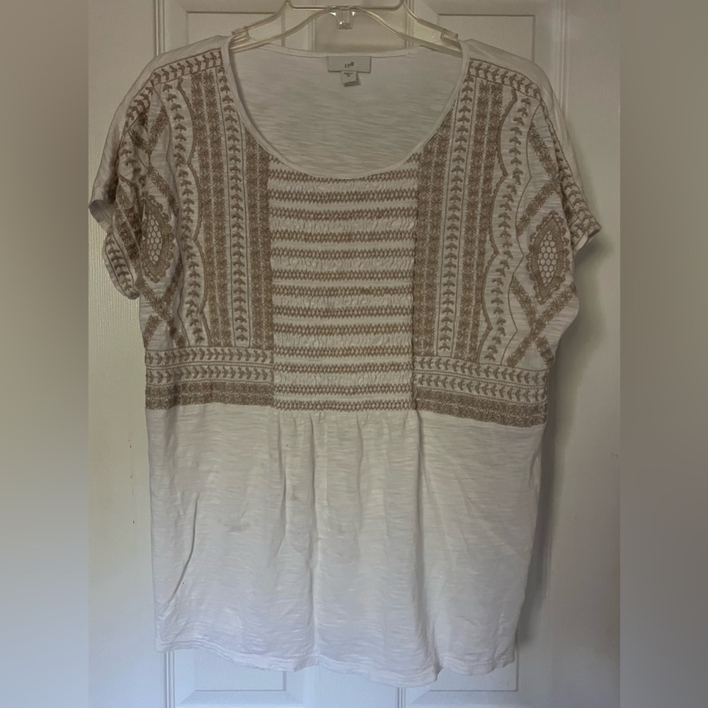 J. Jill Embroidered Smocked Slub Knit White Tan Boho Top